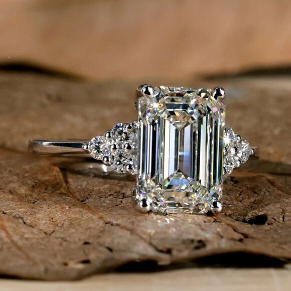 3.0 CT Emerald Cut Lab Grown Diamond Engagement Ring, - Picture 1 of 4